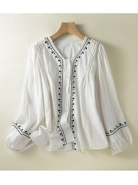 Women's Casual Embroidered Cotton and Linen Long Sleeve Shirt