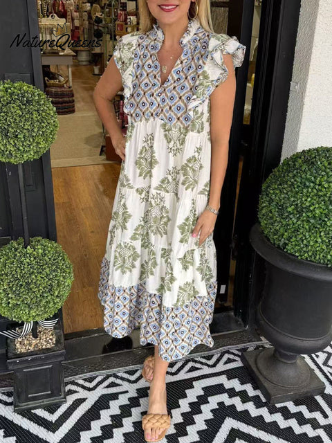 Women's Cotton and Linen Floral Art Print Ruffle Dress