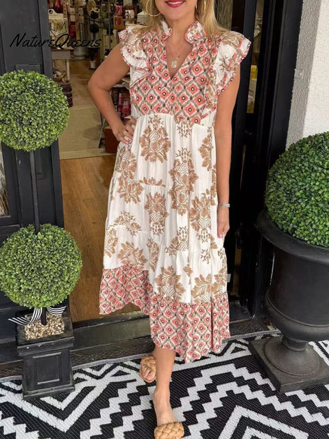 Women's Cotton and Linen Floral Art Print Ruffle Dress