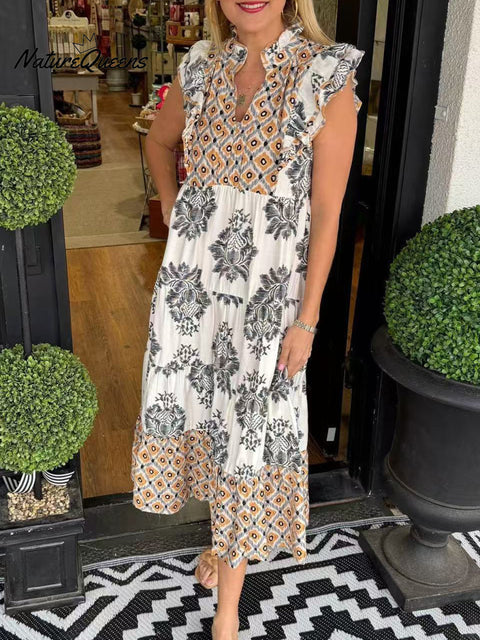 Women's Cotton and Linen Floral Art Print Ruffle Dress