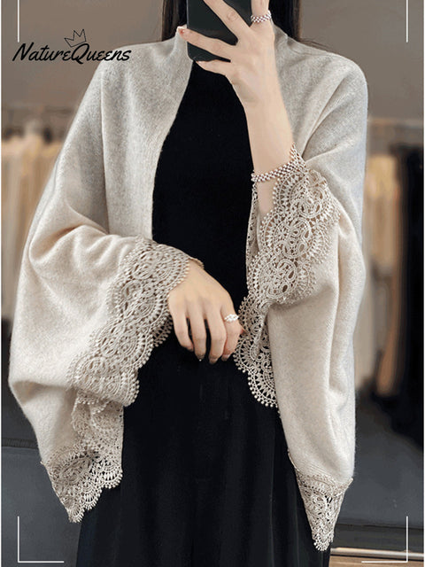 Women's Lace Patchwork Sweater with Shawl
