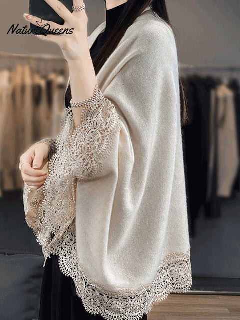 Women's Lace Patchwork Sweater with Shawl