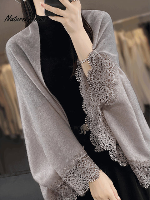 Women's Lace Patchwork Sweater with Shawl