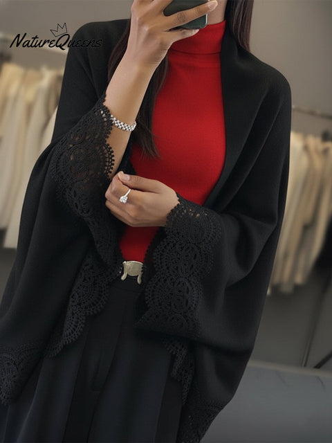 Women's Lace Patchwork Sweater with Shawl
