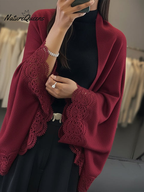 Women's Lace Patchwork Sweater with Shawl