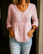 Women's Linen Cotton Blend Shirt - 3/4 Sleeve Crew Neck Loose Hip-Length Casual Blouse