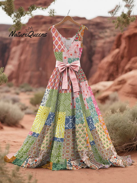 Women's Floral Patchwork Art Linen Tank Midi Dress£¨belt Not Included£©