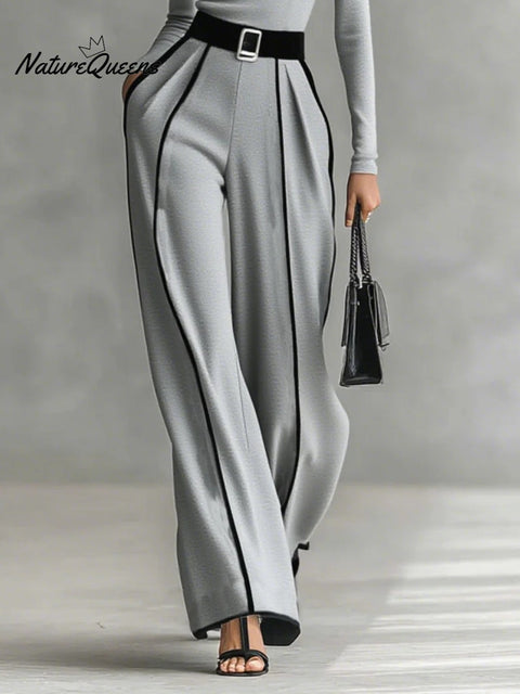 White Trim High-neck Long-sleeved Top With Wide-leg Pants and Belt Set