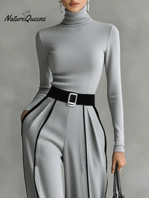 White Trim High-neck Long-sleeved Top With Wide-leg Pants and Belt Set