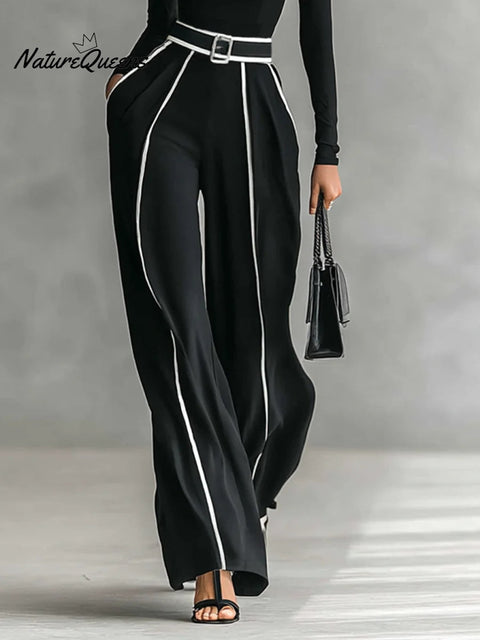 White Trim High-neck Long-sleeved Top With Wide-leg Pants and Belt Set