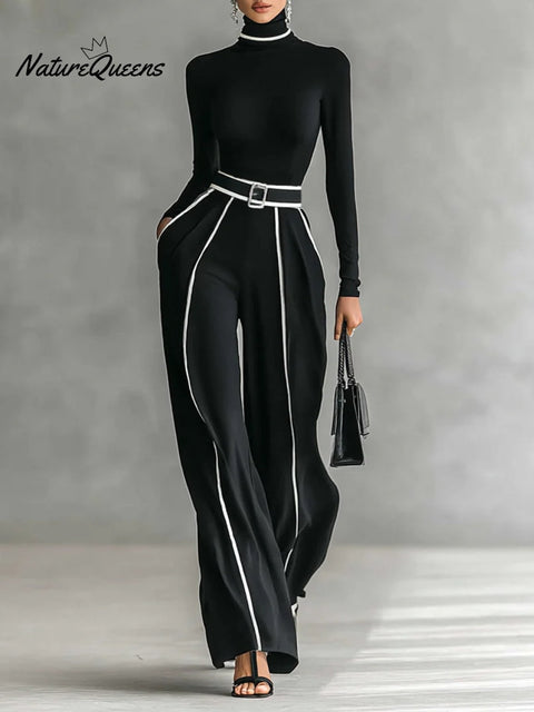 White Trim High-neck Long-sleeved Top With Wide-leg Pants and Belt Set