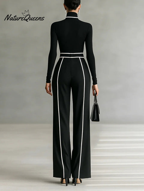 White Trim High-neck Long-sleeved Top With Wide-leg Pants and Belt Set