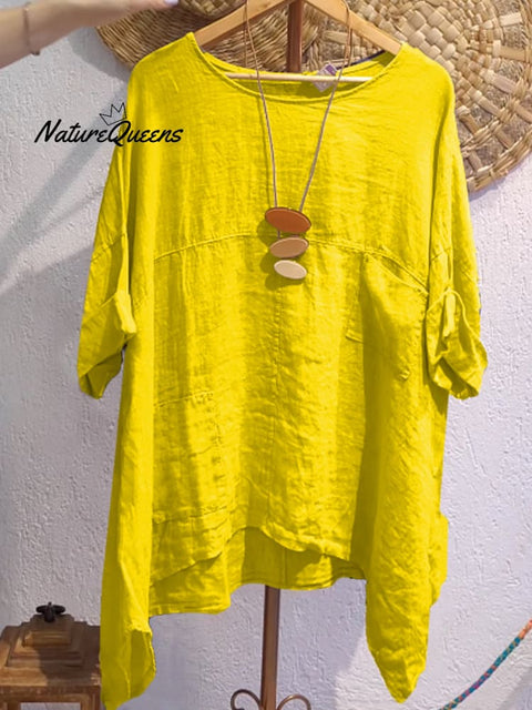 Women's Casual Cotton and Linen Round-neck Shirt