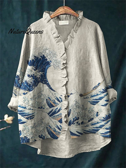 Great Wave Japanese Art Ruffle Trim Linen Blouse