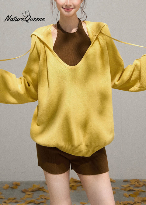 Women Yellow Hooded Knit Pullover Sweatshirt Fall