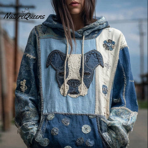Cute Dog Boho Floral Embroidered Patchwork Washed Hoodie