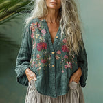 Women's Linen Bohemian Flower Printed Casual Long-sleeve Top Shirt