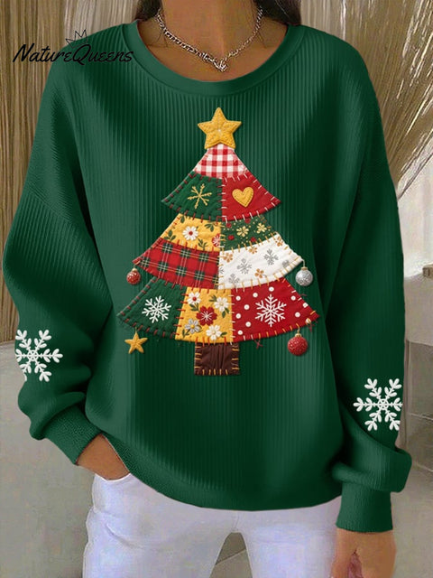 Women's Casual Pink Patchwork Christmas Tree Print Textured Sweatshirt