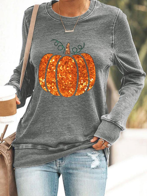 Women's Fall Sequin Pumpkin Print Sweatshirt