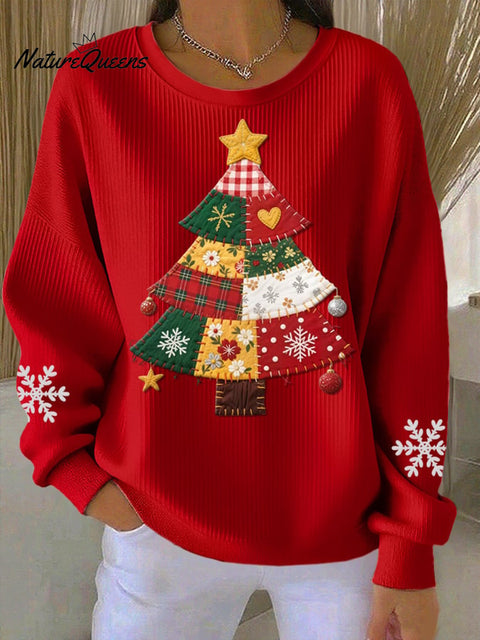 Women's Casual Pink Patchwork Christmas Tree Print Textured Sweatshirt