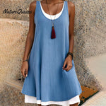 Casual Sleeveless Fake Two Piece Midi Dress Blue / S