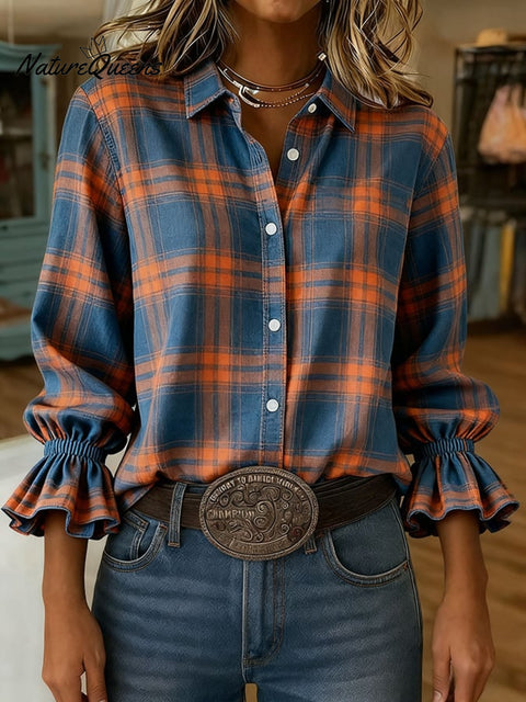 Women's Plaid Print Casual Cotton And Linen Ruffle Shirt