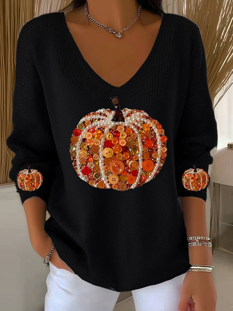 Women's  Pumpkin Print Casual Striped Fabric Long Sleeve T-shirt