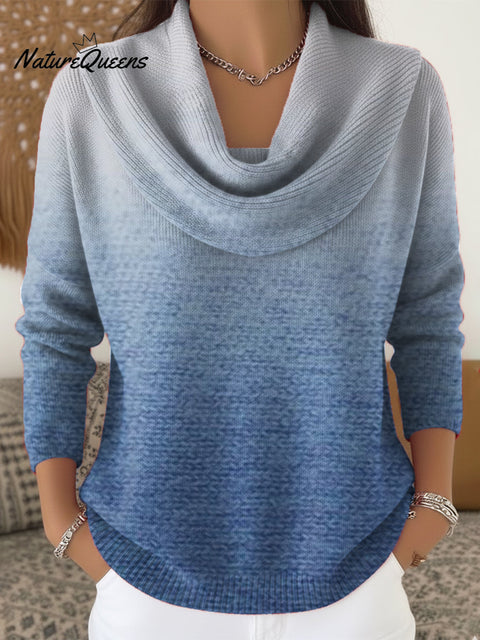Women's Blue Art Print Cowl Neck Sweater