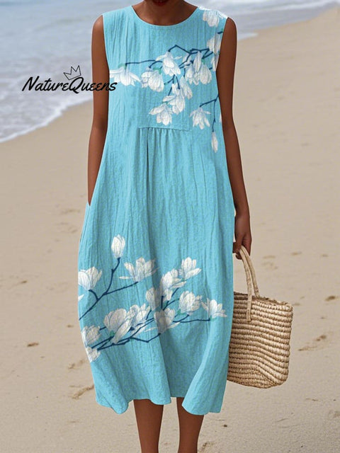 Women's Elegant Floral Print Cotton and Linen Dress