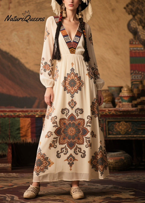 Loose White V Neck Print Chiffon Holiday Dress Fall