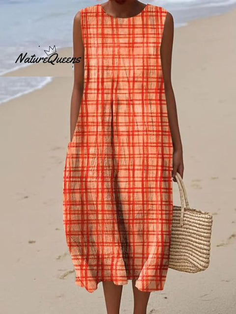 Women's casual cotton and linen sleeveless solid-color dress