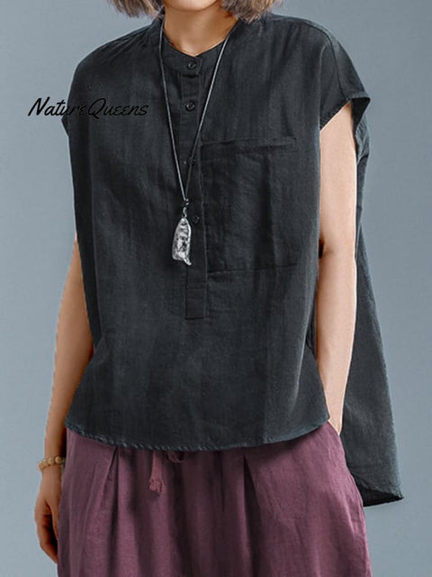 Ladies Casual Sleeveless Shirt With Stand Collar Button Design Black / M