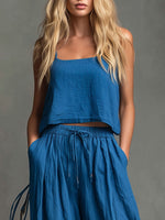 Casual And Stylish Blue Cotton Linen Camisole And Pants Set