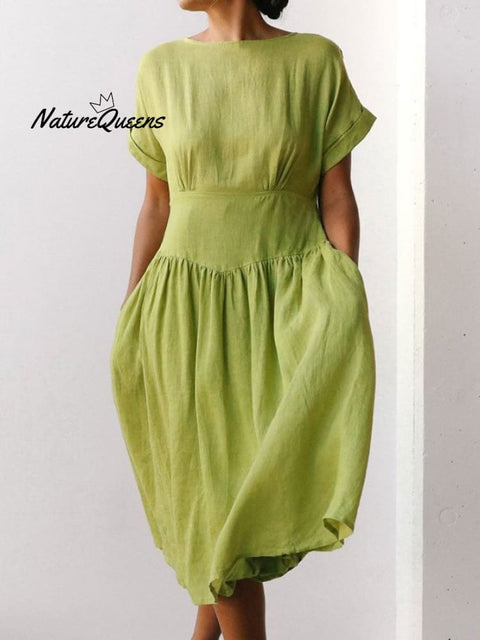 2023 New Linen Grass Green Midi Dress