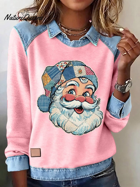 Women's Casual Christmas Print Lapel Long Sleeve Top