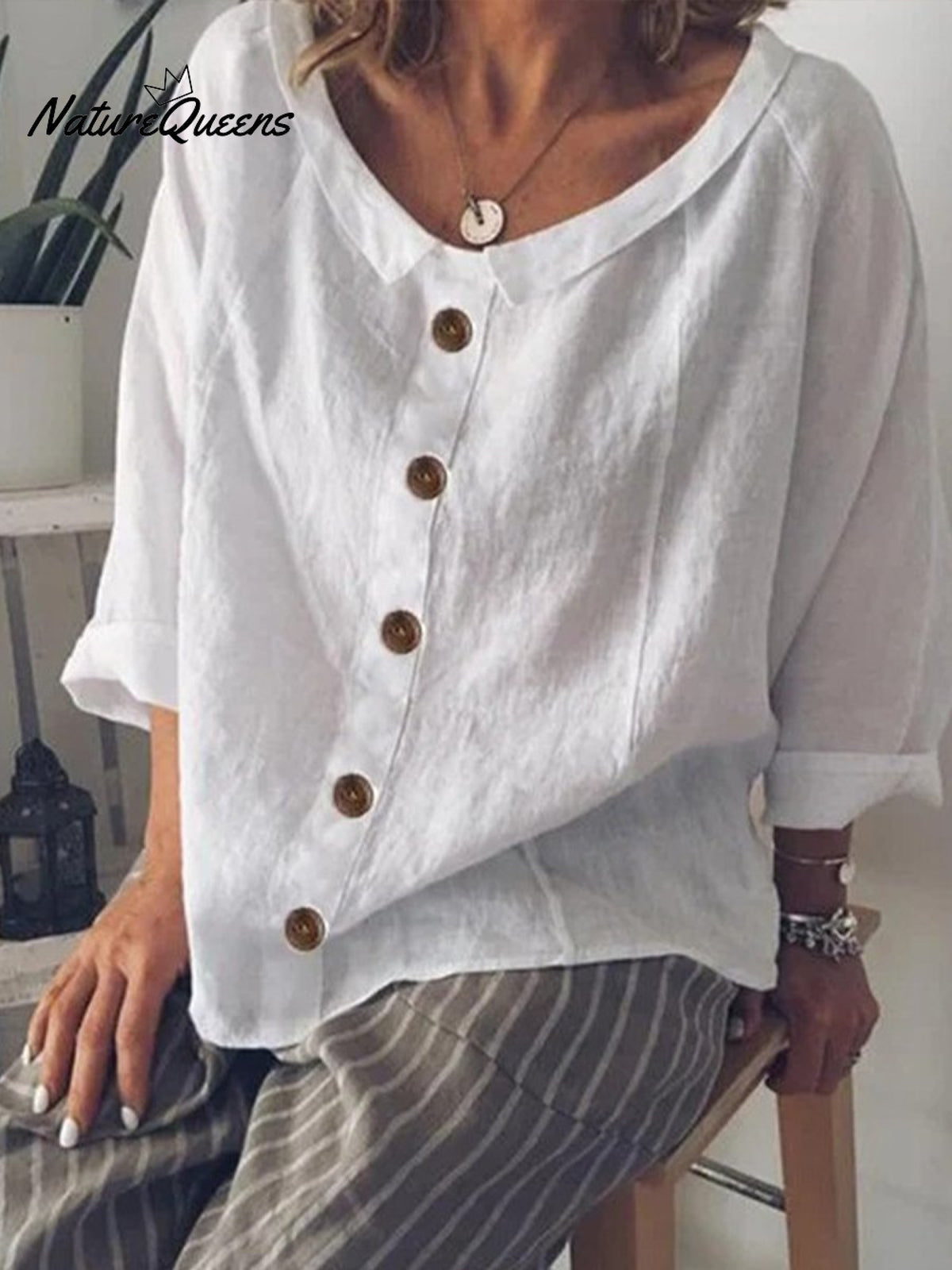 Women’s Solid Color Loose Button Doll Collar Cotton Linen Top White / M