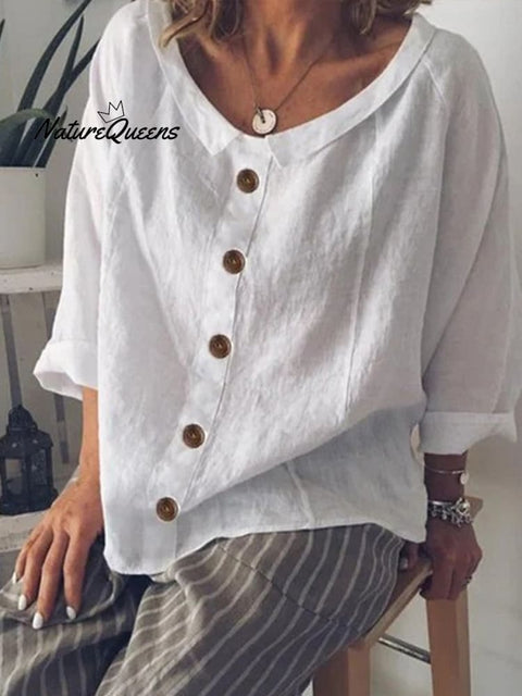 Women’s Solid Color Loose Button Doll Collar Cotton Linen Top White / M