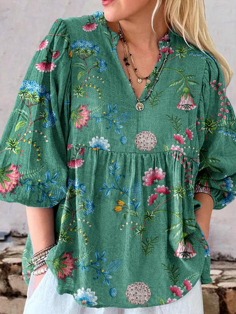 Women's Elegant Simple Rose Floral Pattern Linen Top