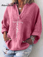 Women's Faith Printed Casual Long Sleeve V-Neck Cotton And Linen Shirt