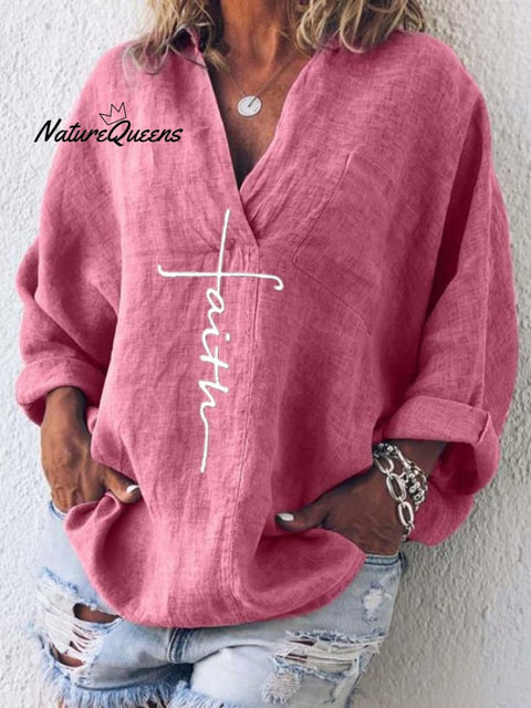 Women's Faith Printed Casual Long Sleeve V-Neck Cotton And Linen Shirt