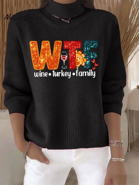 Women's Retro Wine Turkey Family Print Turtleneck Knit Top