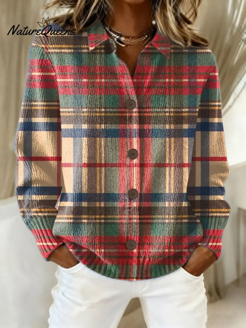 Women's Retro Christmas Plaid Art Print Casual Cardigan