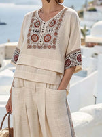 Women'S Casual V-Neck Printed Wide-Leg Pants Set