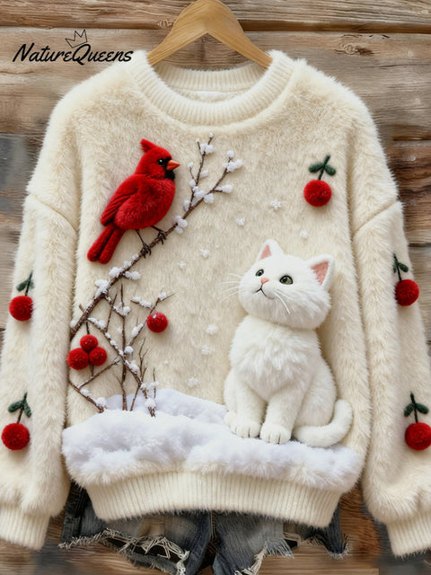 Women's Christmas Robin And Cat Plush Sweater
