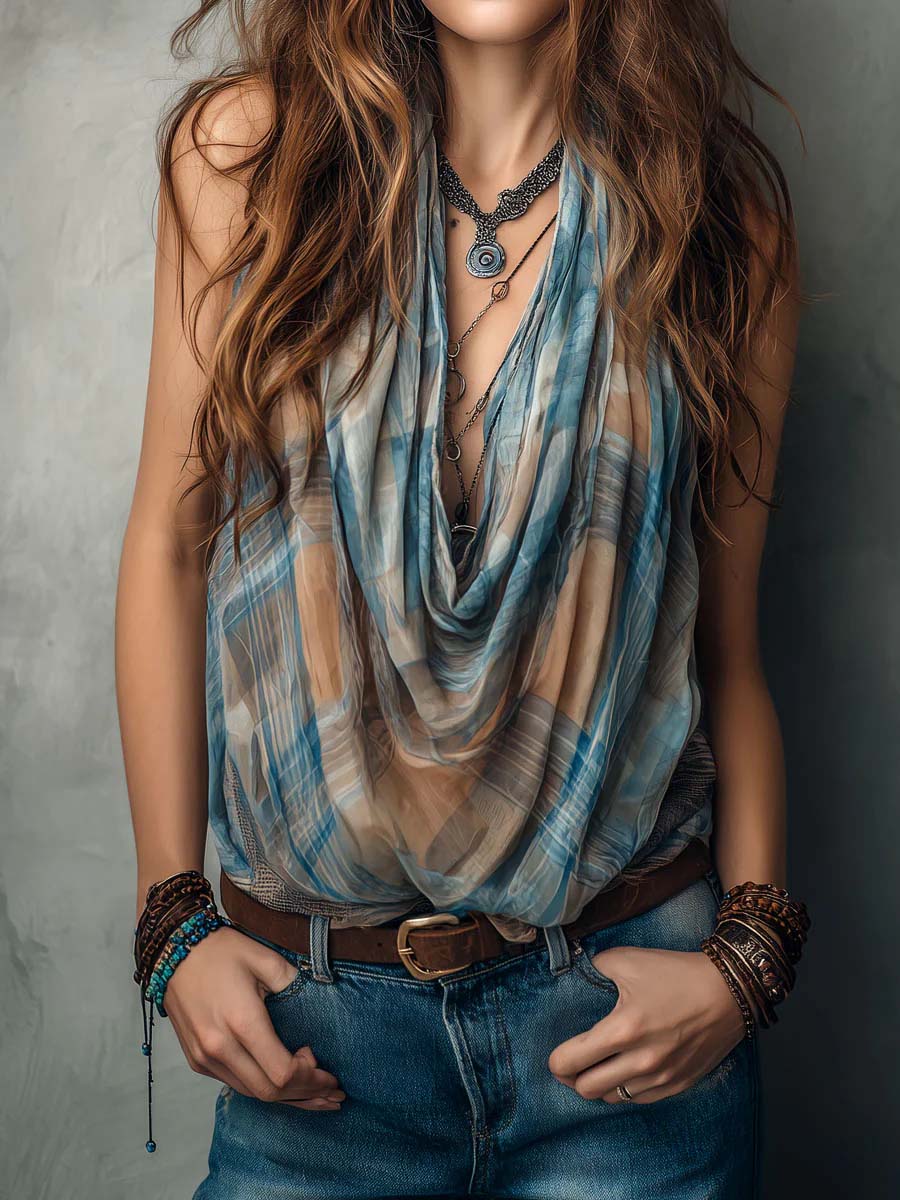 Women's Cowl-neck Sleeveless Loose-fit Casual Plaid Print Top