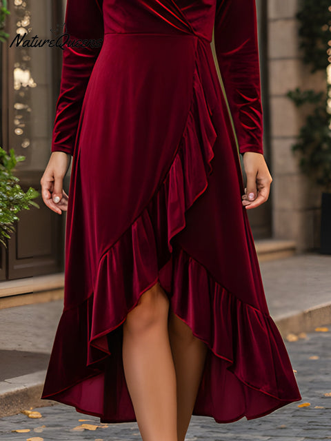Velvet Wrap Midi Dress With Ruffled Hem