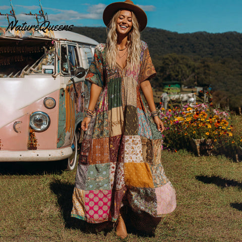 Countryside Style Collection Classy Patchwork Floral Pattern Art Linen Maxi Dress