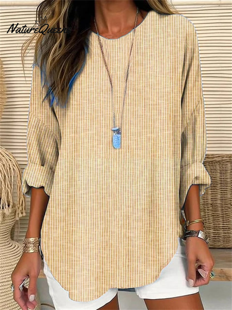 Women’s Retro Striped Design Loose Long Sleeve Crew Neck Top Yellow / S