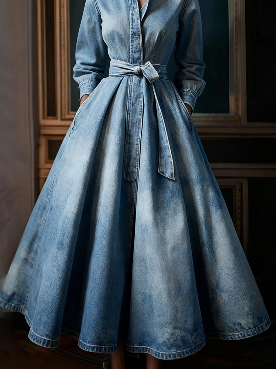 Ursime Light Blue Denim Stand Collar Long Sleeve Pocket Pleated Belt Maxi Dress