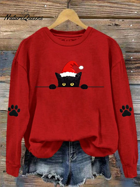 Women's Christmas Cat Printed Crew Neck Sweatshirt